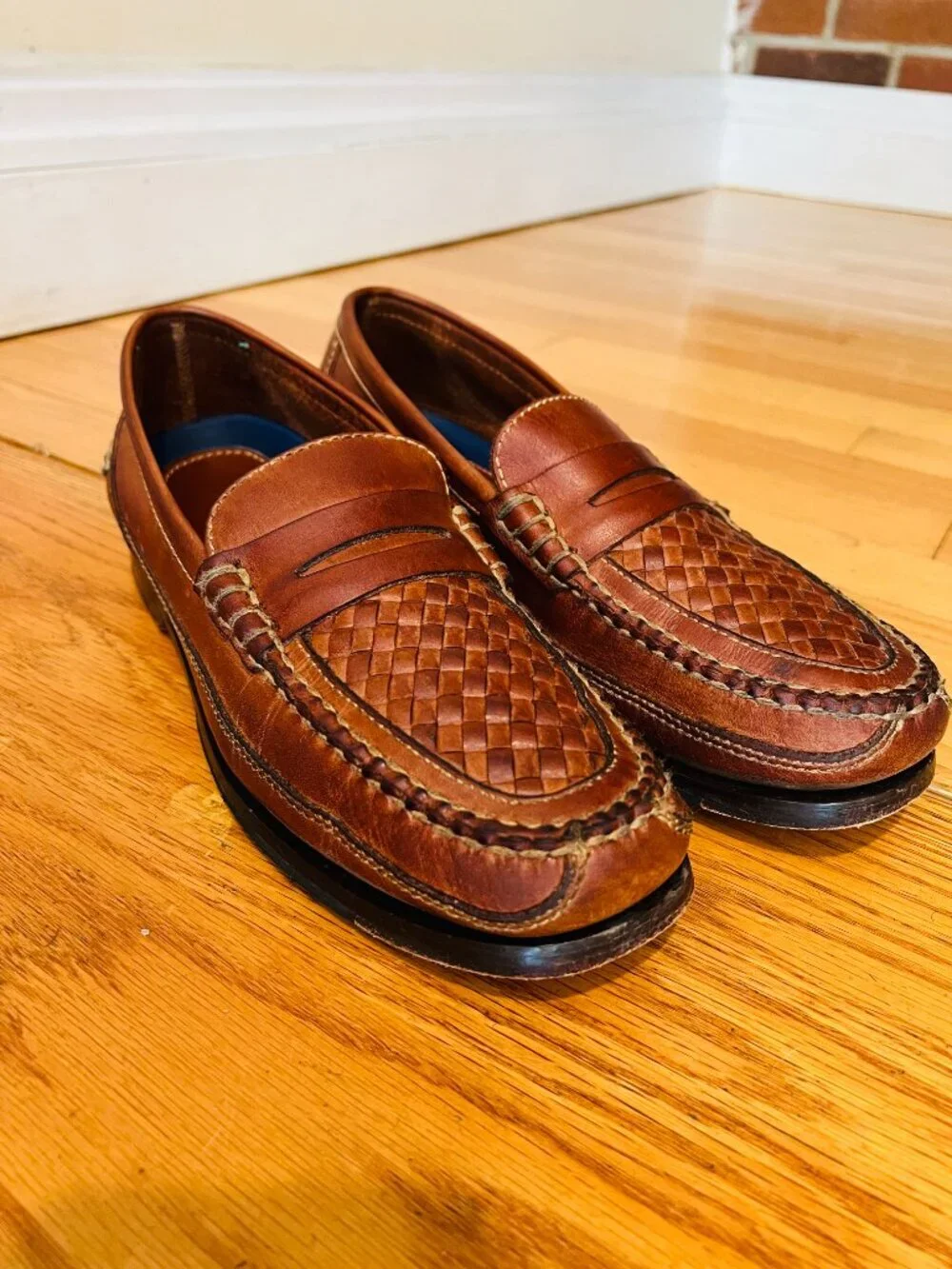 Bostonian Stadium Penny Loafers in brown leather, featuring a woven basket weave